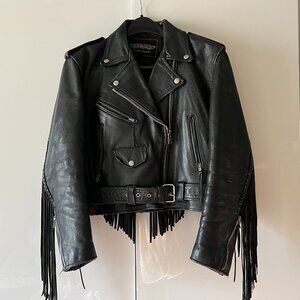 Vintage Black Leather Fringe Motorcycle Jacket w/ Belt Size L